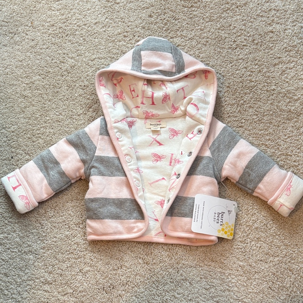 Burt's Bees Pink and Gray Striped Baby Hoodie